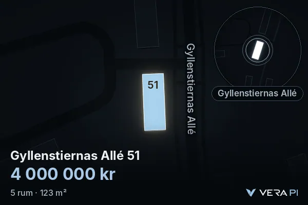 VERA PI:s bild av Gyllenstiernas Allé 51: huset i 3D, upplyst i blått, och kartan runt omkring