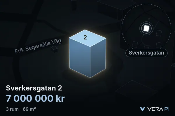 VERA PI's image of Sverkersgatan 2: the building in 3D, lit in blue, and the map around it