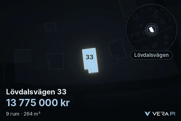 VERA PI:s bild av Lövdalsvägen 33: huset i 3D, upplyst i blått, och kartan runt omkring