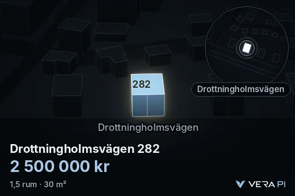 VERA PI's image of Drottningholmsvägen 282: the building in 3D, lit in blue, and the map around it