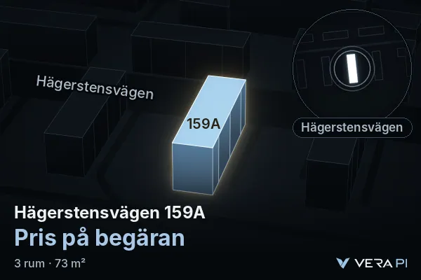 VERA PI:s bild av Hägerstensvägen 159A: huset i 3D, upplyst i blått, och kartan runt omkring