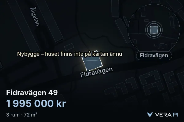 VERA PI:s bild av Fidravägen 49: huset i 3D, upplyst i blått, och kartan runt omkring