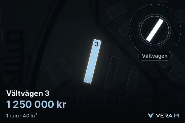 VERA PI's image of Vältvägen 3: the building in 3D, lit in blue, and the map around it