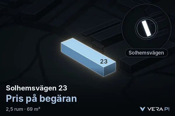 VERA PI:s bild av Solhemsvägen 23: huset i 3D, upplyst i blått, och kartan runt omkring