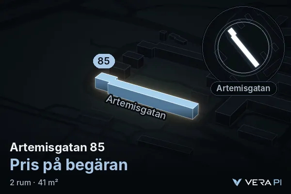 VERA PI's image of Artemisgatan 85: the building in 3D, lit in blue, and the map around it