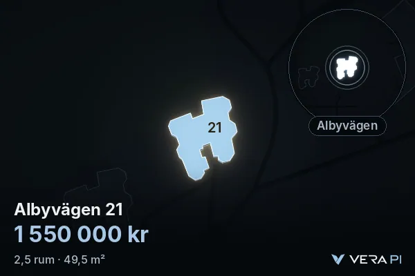 VERA PI's image of Albyvägen 21: the building in 3D, lit in blue, and the map around it