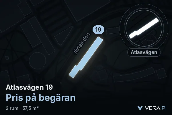 VERA PI:s bild av Atlasvägen 19: huset i 3D, upplyst i blått, och kartan runt omkring