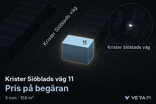 VERA PI's image of Krister Siöblads väg 11: the building in 3D, lit in blue, and the map around it