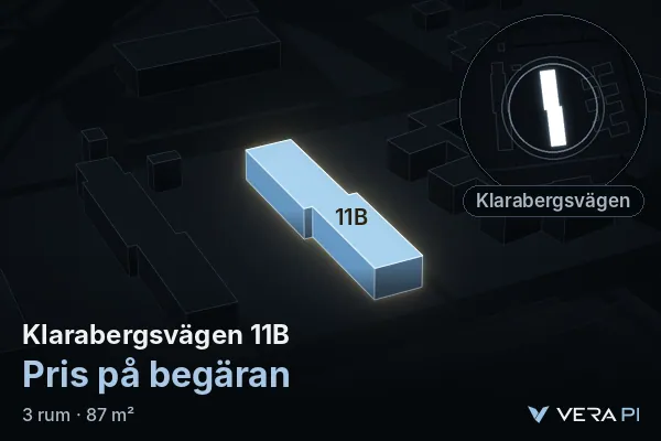 VERA PI:s bild av Klarabergsvägen 11B: huset i 3D, upplyst i blått, och kartan runt omkring