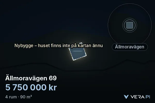 VERA PI's image of Ällmoravägen 69: the building in 3D, lit in blue, and the map around it