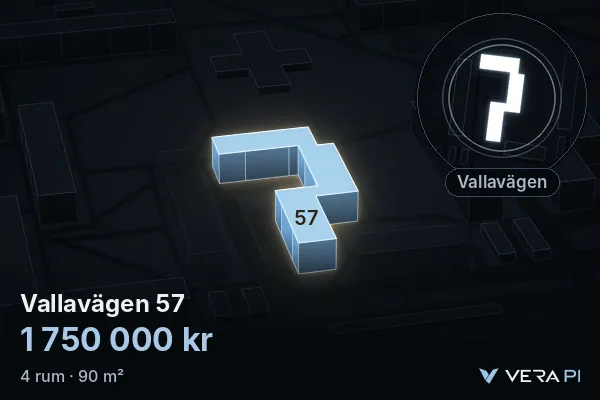 VERA PI:s bild av Vallavägen 57: huset i 3D, upplyst i blått, och kartan runt omkring
