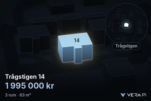 VERA PI:s bild av Trågstigen 14: huset i 3D, upplyst i blått, och kartan runt omkring