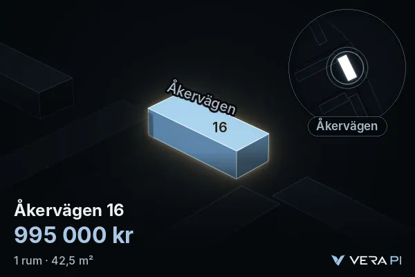 VERA PI:s bild av Åkervägen 16: huset i 3D, upplyst i blått, och kartan runt omkring