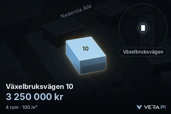 VERA PI:s bild av Växelbruksvägen 10: huset i 3D, upplyst i blått, och kartan runt omkring