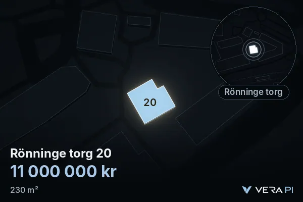 VERA PI's image of Rönninge torg 20: the building in 3D, lit in blue, and the map around it