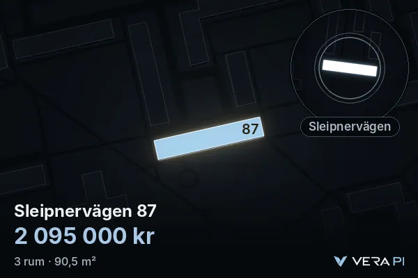 VERA PI's image of Sleipnervägen 87: the building in 3D, lit in blue, and the map around it