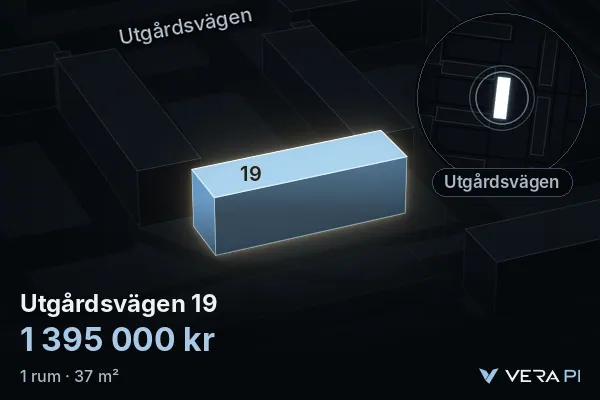 VERA PI:s bild av Utgårdsvägen 19: huset i 3D, upplyst i blått, och kartan runt omkring