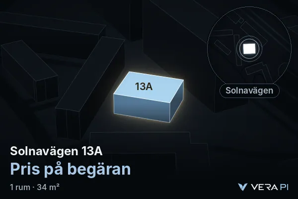 VERA PI's image of Solnavägen 13A: the building in 3D, lit in blue, and the map around it