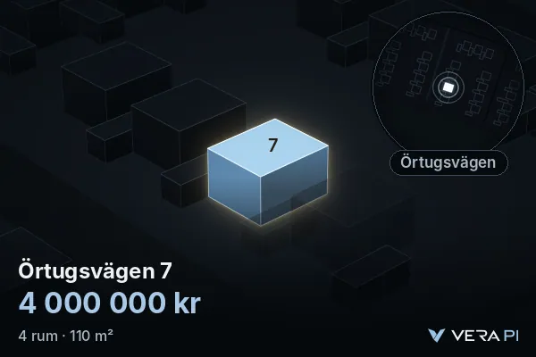 VERA PI's image of Örtugsvägen 7: the building in 3D, lit in blue, and the map around it