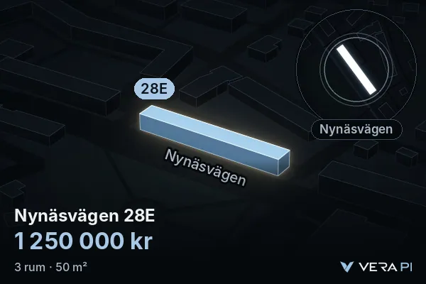 VERA PI:s bild av Nynäsvägen 28E: huset i 3D, upplyst i blått, och kartan runt omkring