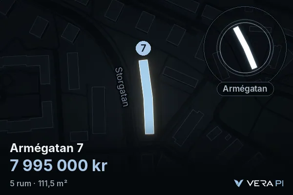 VERA PI's image of Armégatan 7: the building in 3D, lit in blue, and the map around it