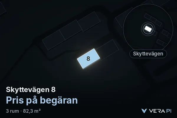VERA PI:s bild av Skyttevägen 8: huset i 3D, upplyst i blått, och kartan runt omkring