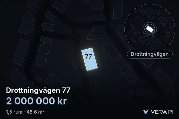VERA PI's image of Drottningvägen 77: the building in 3D, lit in blue, and the map around it