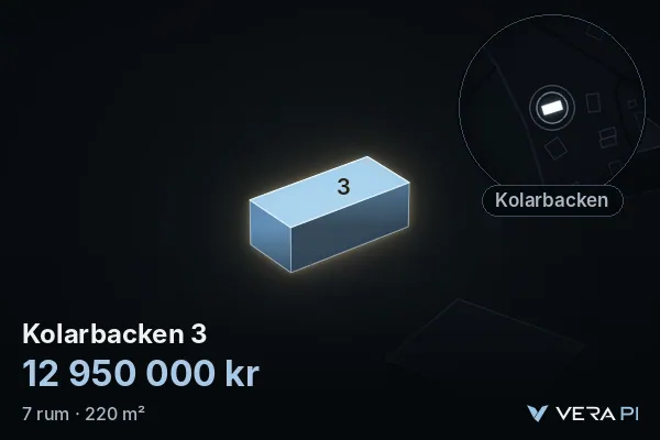 VERA PI:s bild av Kolarbacken 3: huset i 3D, upplyst i blått, och kartan runt omkring