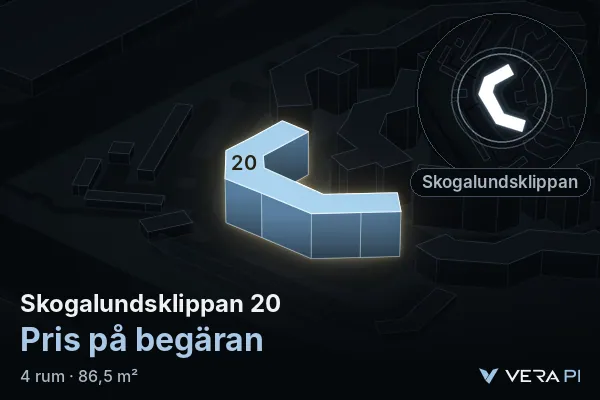 VERA PI:s bild av Skogalundsklippan 20: huset i 3D, upplyst i blått, och kartan runt omkring