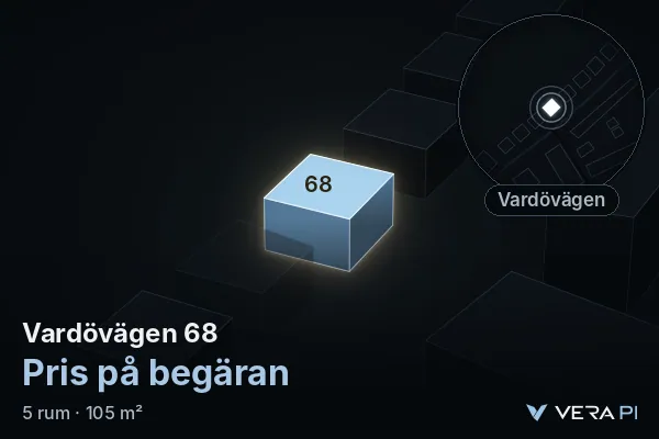VERA PI:s bild av Vardövägen 68: huset i 3D, upplyst i blått, och kartan runt omkring