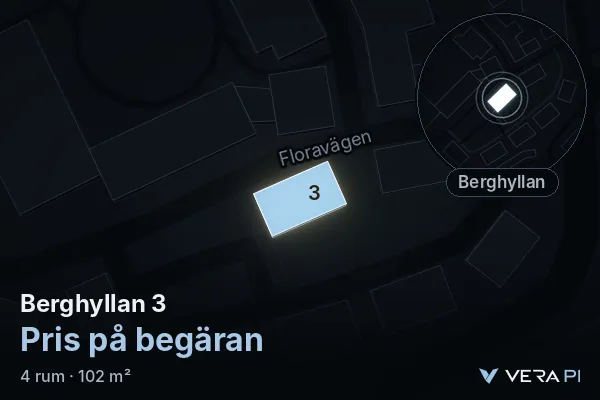 VERA PI:s bild av Berghyllan 3: huset i 3D, upplyst i blått, och kartan runt omkring