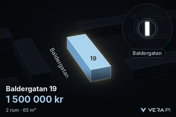 VERA PI's image of Baldergatan 19: the building in 3D, lit in blue, and the map around it