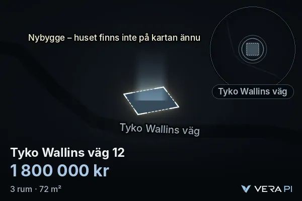 VERA PI's image of Tyko Wallins väg 12: the building in 3D, lit in blue, and the map around it