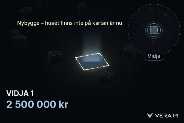 VERA PI:s bild av VIDJA 1: huset i 3D, upplyst i blått, och kartan runt omkring