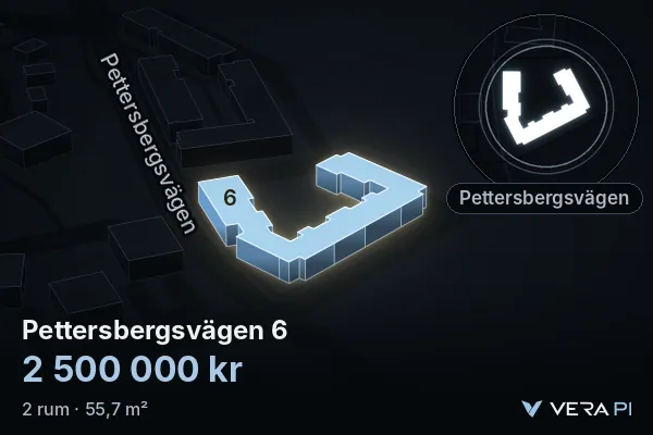 VERA PI:s bild av Pettersbergsvägen 6: huset i 3D, upplyst i blått, och kartan runt omkring