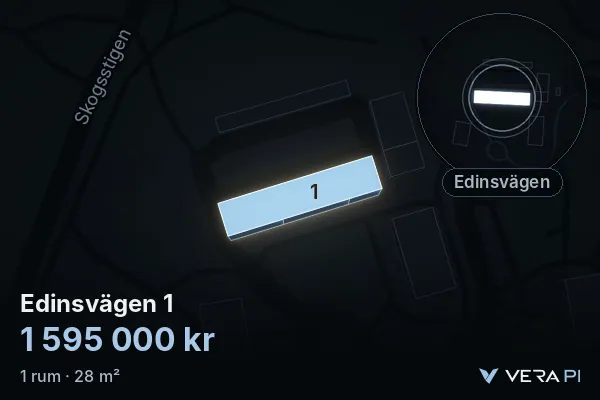 VERA PI:s bild av Edinsvägen 1: huset i 3D, upplyst i blått, och kartan runt omkring