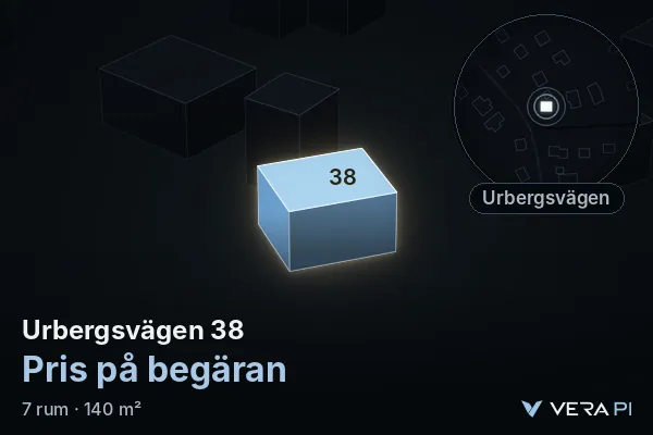 VERA PI:s bild av Urbergsvägen 38: huset i 3D, upplyst i blått, och kartan runt omkring