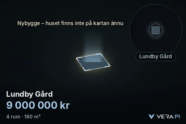 VERA PI's image of Lundby Gård: the building in 3D, lit in blue, and the map around it