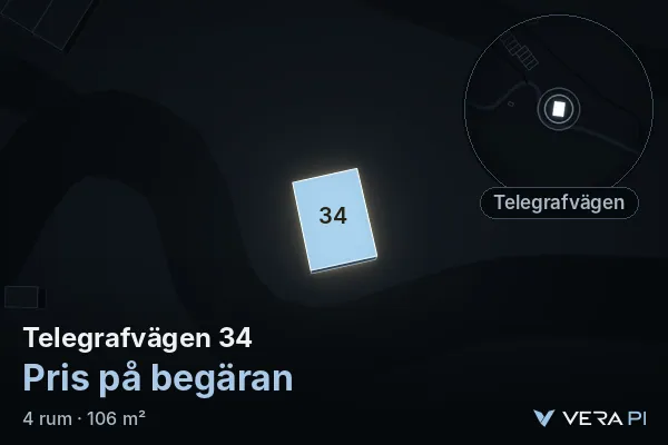 VERA PI:s bild av Telegrafvägen 34: huset i 3D, upplyst i blått, och kartan runt omkring