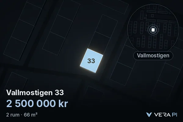 VERA PI:s bild av Vallmostigen 33: huset i 3D, upplyst i blått, och kartan runt omkring