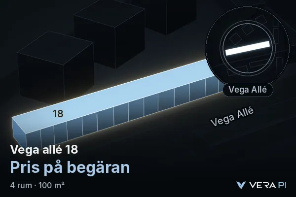 VERA PI:s bild av Vega allé 18: huset i 3D, upplyst i blått, och kartan runt omkring