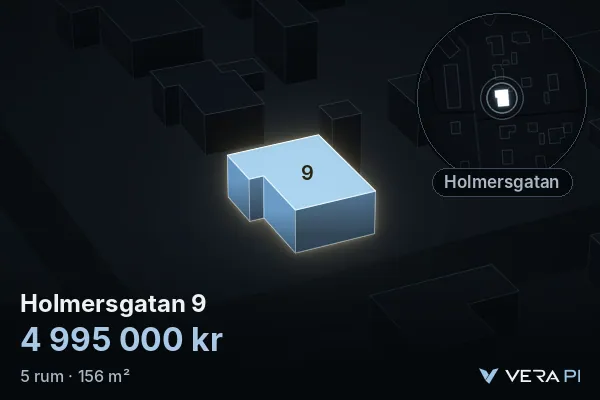 VERA PI's image of Holmersgatan 9: the building in 3D, lit in blue, and the map around it