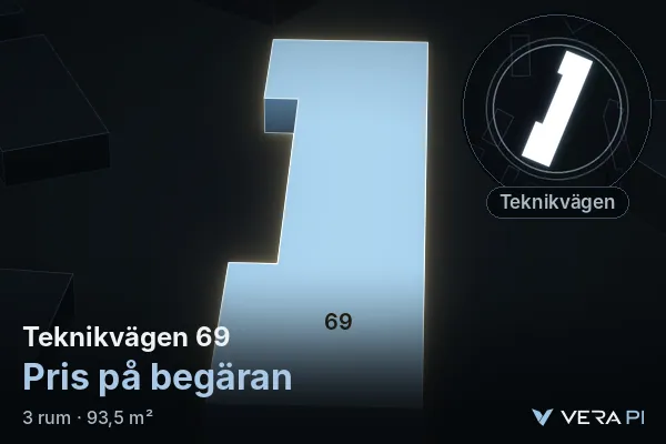 VERA PI's image of Teknikvägen 69: the building in 3D, lit in blue, and the map around it