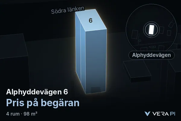 VERA PI:s bild av Alphyddevägen 6: huset i 3D, upplyst i blått, och kartan runt omkring