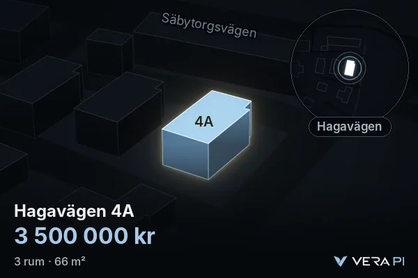 VERA PI:s bild av Hagavägen 4A: huset i 3D, upplyst i blått, och kartan runt omkring