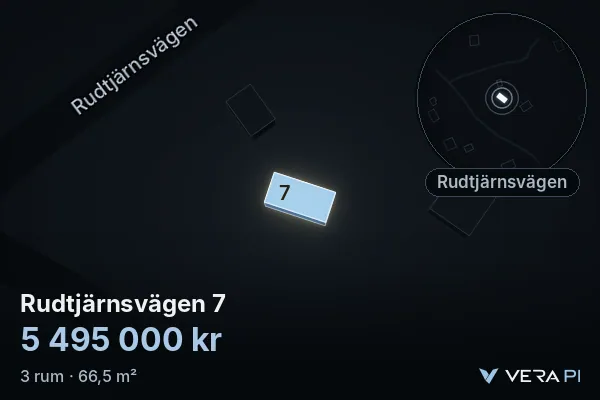 VERA PI's image of Rudtjärnsvägen 7: the building in 3D, lit in blue, and the map around it