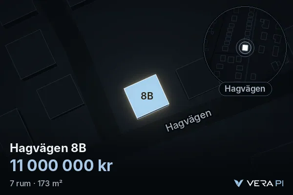 VERA PI's image of Hagvägen 8B: the building in 3D, lit in blue, and the map around it