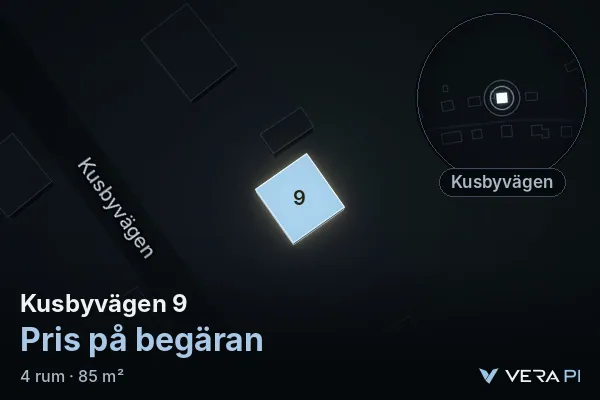 VERA PI's image of Kusbyvägen 9: the building in 3D, lit in blue, and the map around it