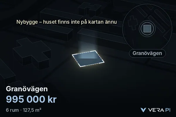 VERA PI:s bild av Granövägen: huset i 3D, upplyst i blått, och kartan runt omkring