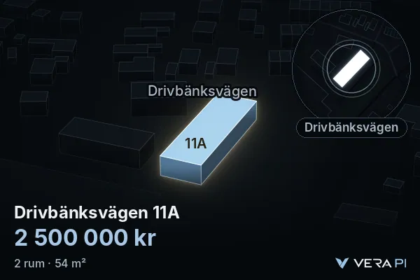 VERA PI's image of Drivbänksvägen 11A: the building in 3D, lit in blue, and the map around it